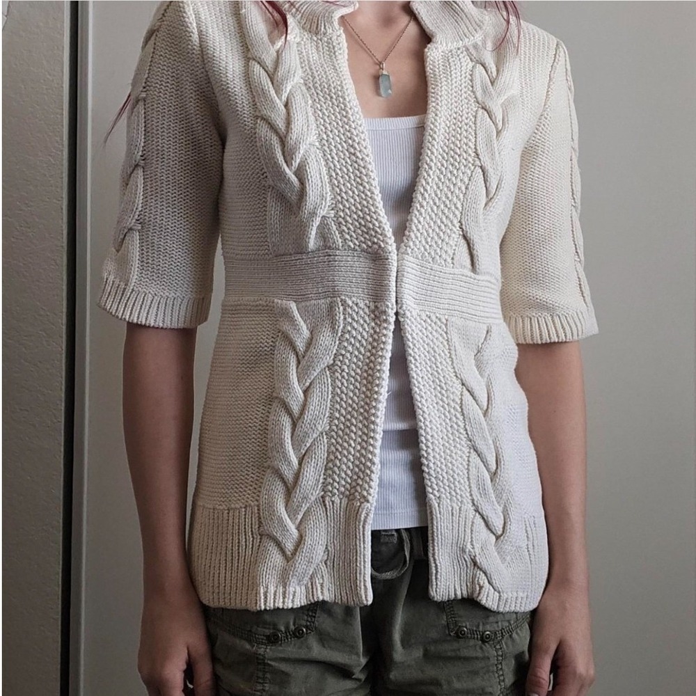 Vintage Loft Women's Sz XS Short Sleeve Cardigan Sweater Cream Cable Knit Ribbed